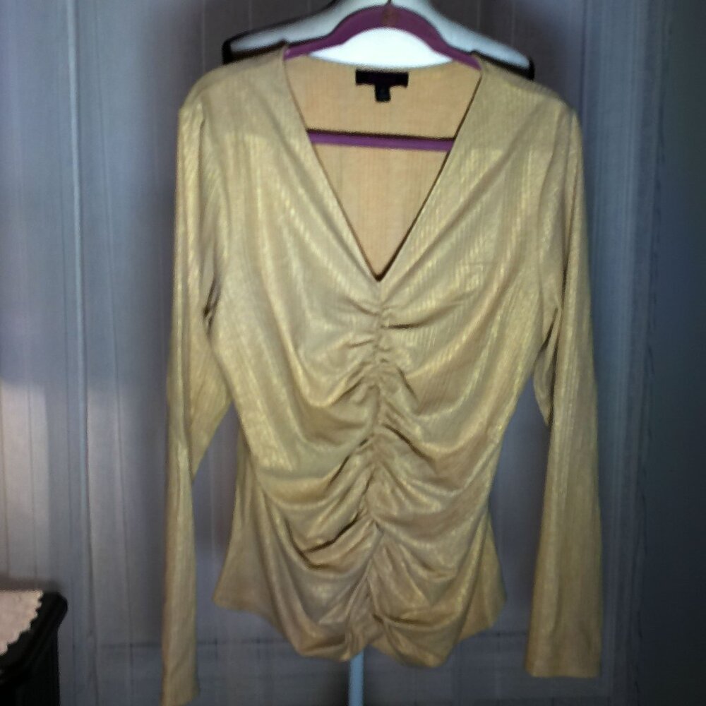 CWONDER by Christian Siriano Long Sleeve V-Neck Rushed Gold w/Sparkles Top XL